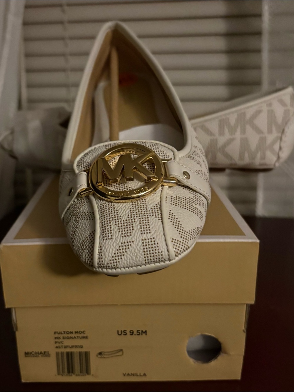 Michael Kors Vanilla Logo Moccasin Flat with Gold MK Emblem